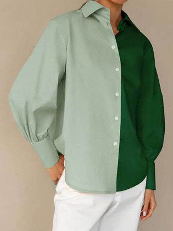 Buttoned Contrast Color Long Sleeves Loose Lapel Blouses&Shirts Tops