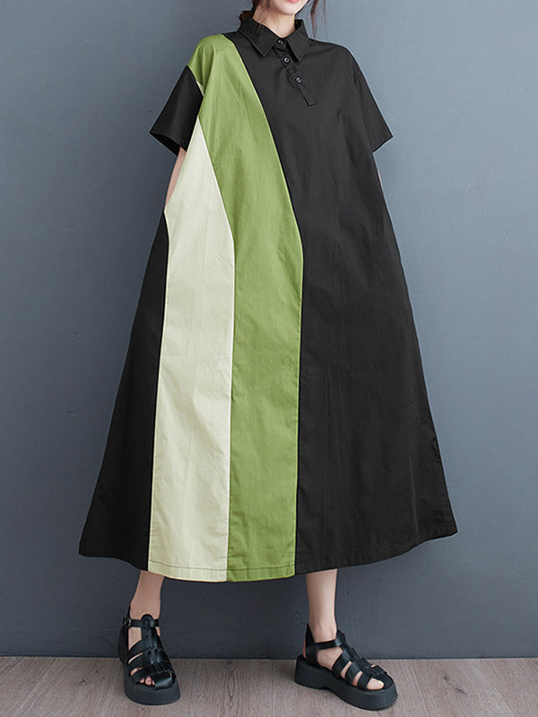 Multi-Colored Loose Short Sleeves Polo Midi Dresses