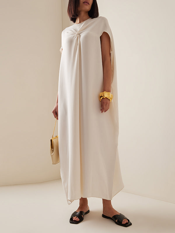 Pleated Solid Color Split-Joint Loose Raglan Sleeve Round-Neck Maxi Dresses