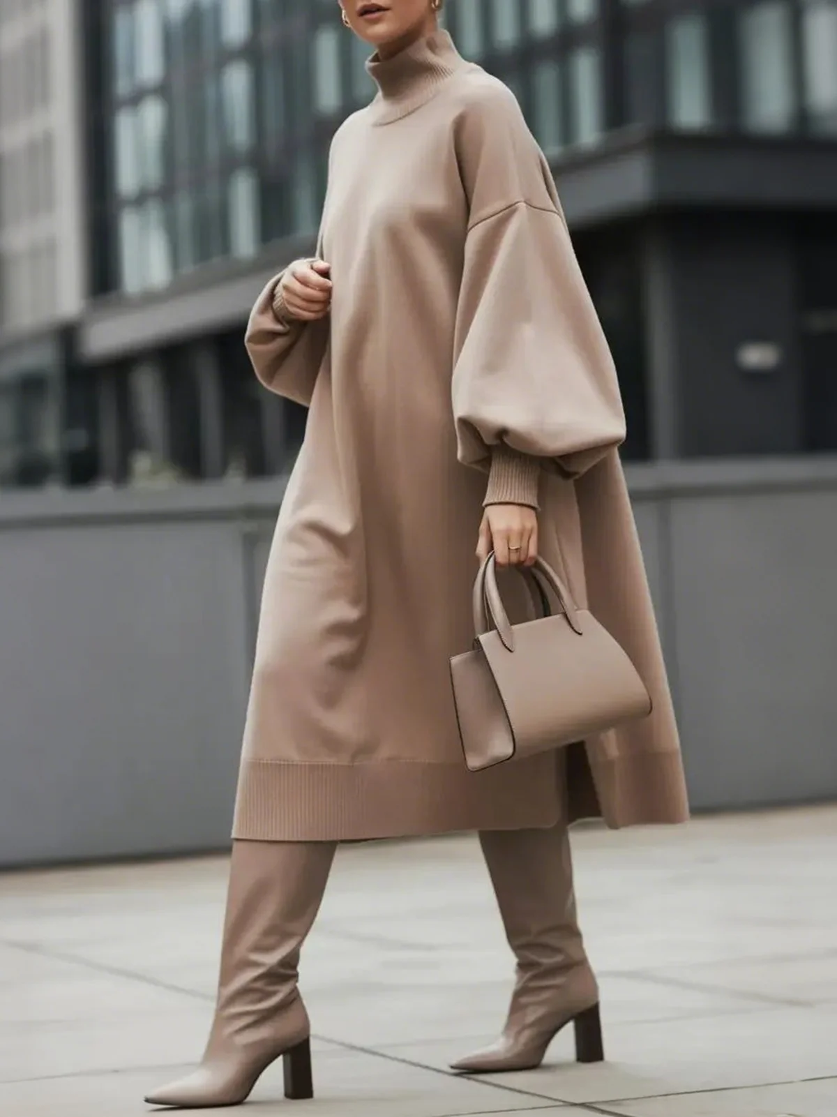 Solid Color Long Sleeves Loose High Neck Sweater Dresses Midi Dresses