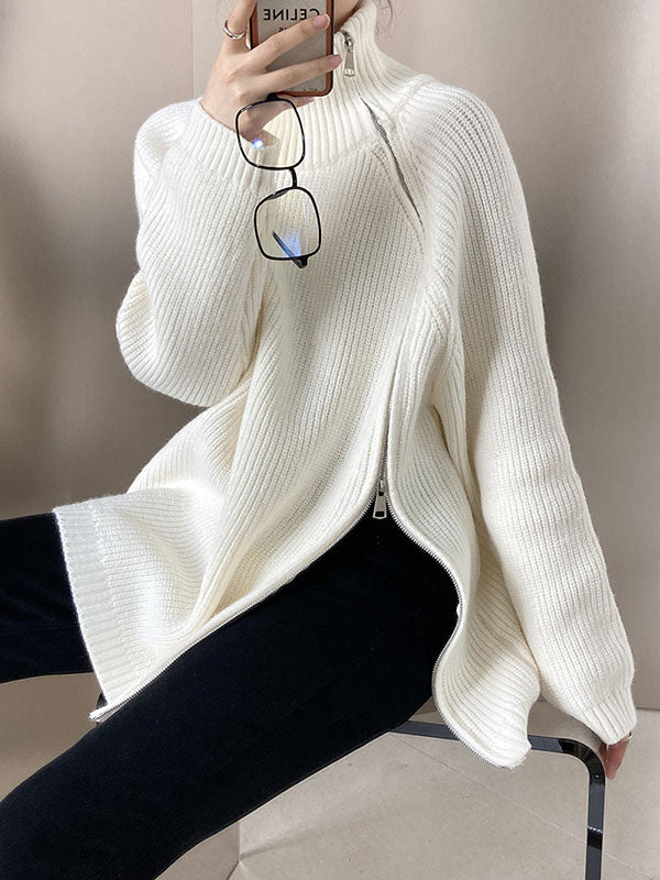 Urban Loose Long Sleeves Split-Side Solid Color Zipper Halter-Neck Sweater Tops