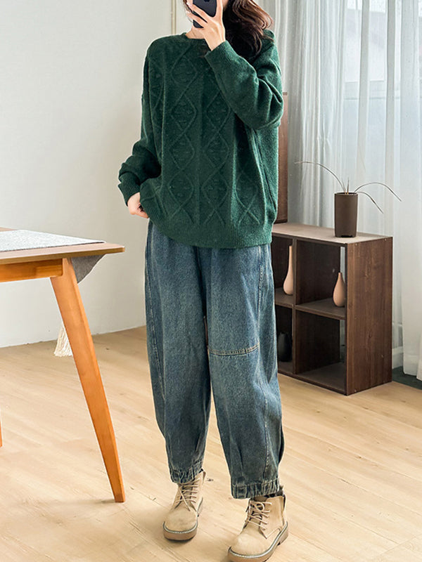Simple Loose Long Sleeves Jacquard Solid Color Round-Neck Sweater Tops