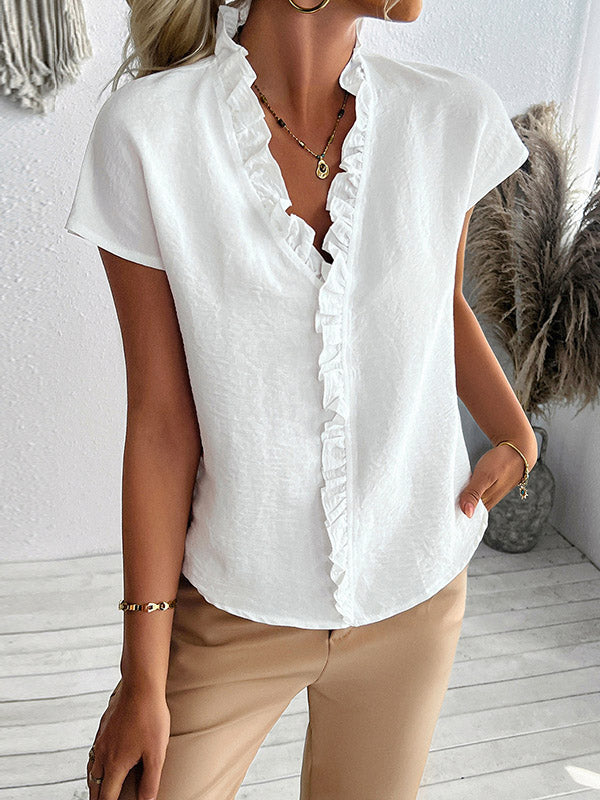 Ruffle Trim Solid Color Loose Short Sleeves V-Neck Blouses&Shirts Tops