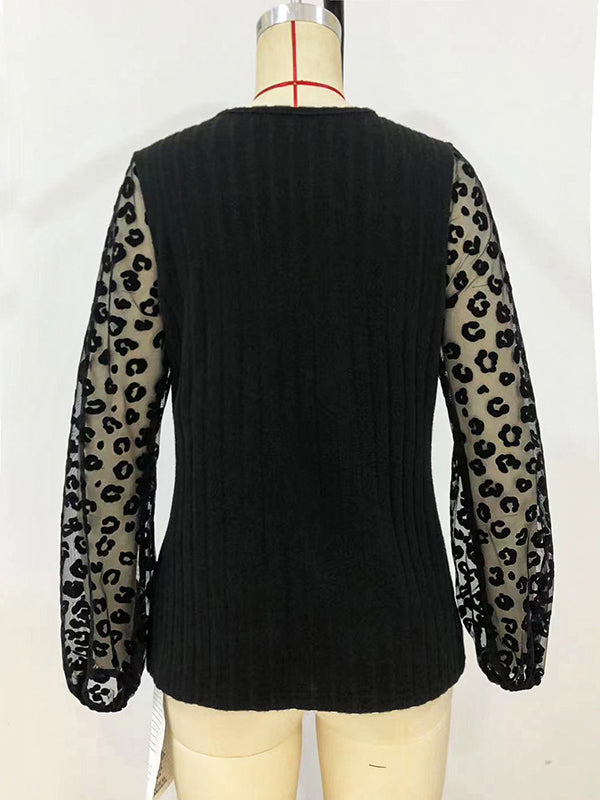 Elasticity Leopard Mesh Split-Joint Long Sleeves Loose V-Neck T-Shirts Tops