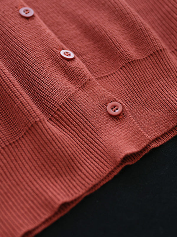 Solid Color Long Sleeves Loose V-Neck Cardigan Tops