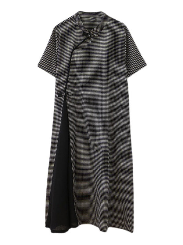 Retro Plaid Short Sleeve Stand Collar Long Cheongsams Dress