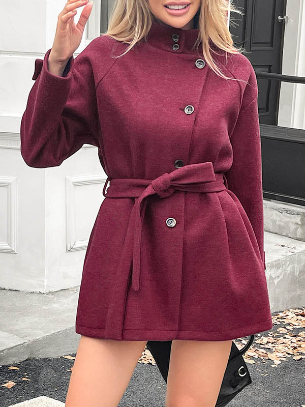 Buttoned Solid Color Split-Joint Tied Waist Long Sleeves Loose Stand Collar Outerwear Coats