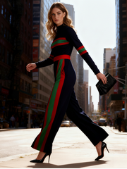 Elasticated Waist Long Sleeves Contrast Color Pockets Striped Half Turtleneck Jumpsuits