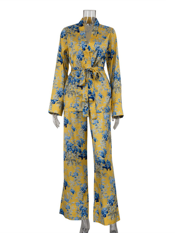 Loose Printed Split-Joint Deep V-Neck Lace-Up Blouse + Drawstring Elasticity Pants Trousers Two Pieces Set