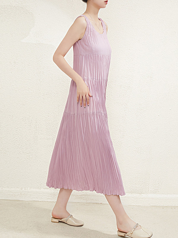 Pleated Solid Color Split-Joint Loose Sleeveless Round-Neck Midi Dresses