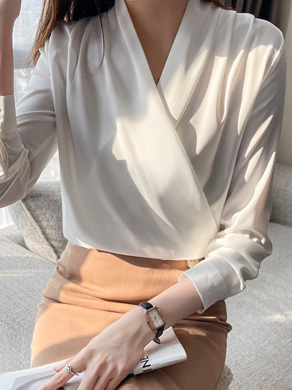 Buttoned Solid Color Long Sleeves Loose V-Neck Blouses&Shirts Tops