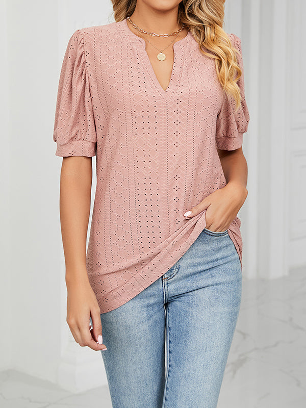 Hollow Solid Color Bishop Sleeve Loose V-neck T-Shirts Tops