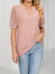 Hollow Solid Color Bishop Sleeve Loose V-neck T-Shirts Tops