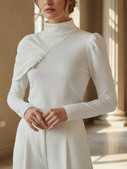 Asymmetric Pleated Solid Color Irregularity Long Sleeves High Neck Sweatshirt Tops