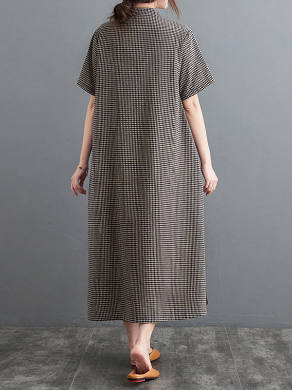 Retro Plaid Short Sleeve Stand Collar Long Cheongsams Dress