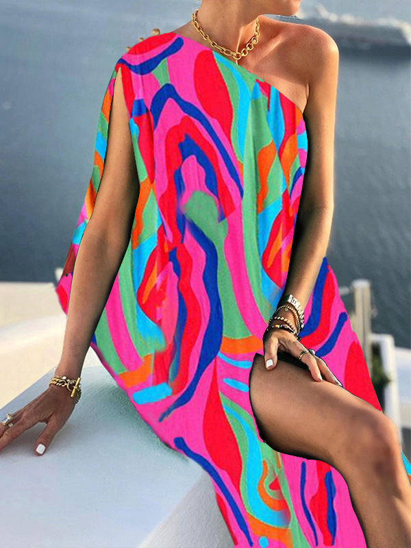 Asymmetric Beaded Striped Loose Sleeveless One-Shoulder Maxi Dresses