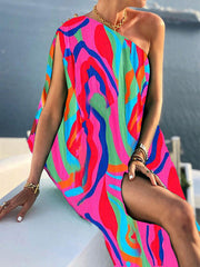 Asymmetric Beaded Striped Loose Sleeveless One-Shoulder Maxi Dresses