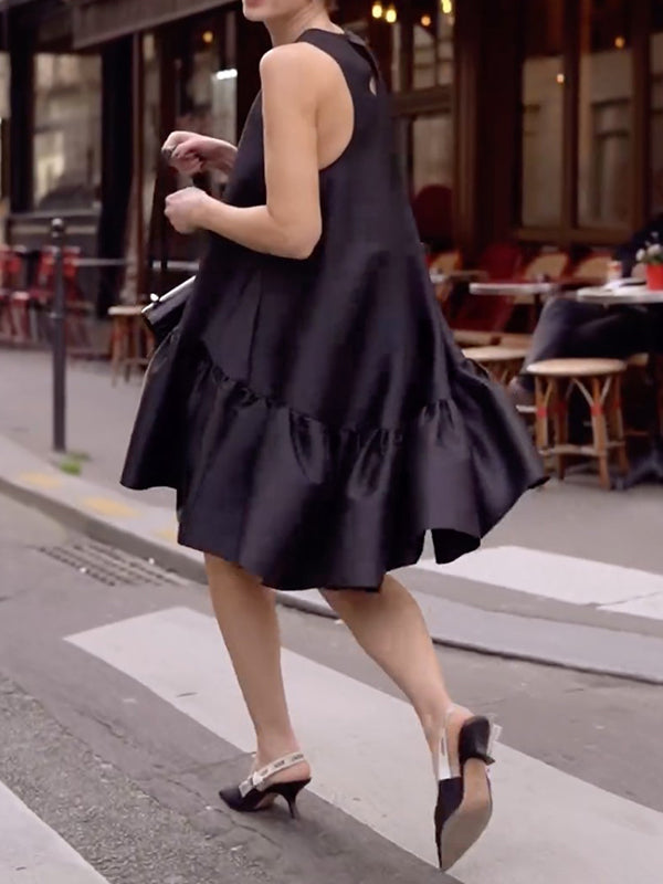 Falbala Solid Color High-Low Loose Round-Neck Midi Dresses