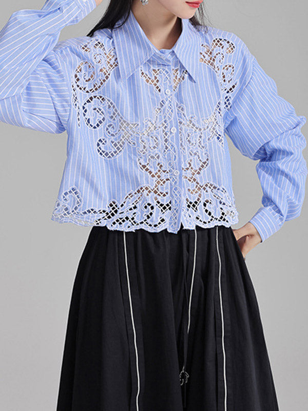 Buttoned Hollow Solid Color Long Sleeves Loose Lapel Blouses&Shirts Tops