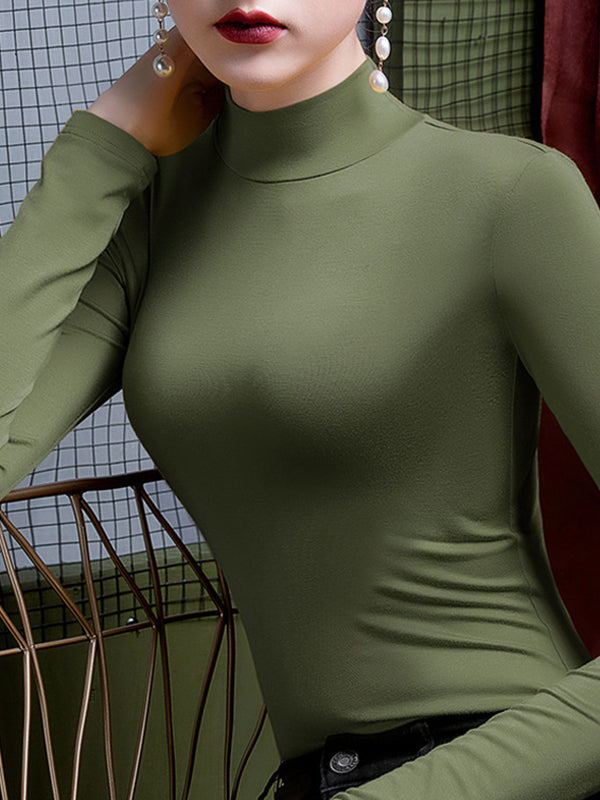 Long Sleeves Plus Size Solid Color Split-Joint High Neck T-Shirts