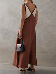 Contrast Color Split-Joint Loose Sleeveless Deep V-Neck Maxi Dresses