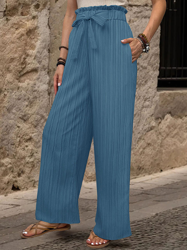 Elasticity Pleated Solid Color Tied Waist High Waisted Loose Trousers Pants