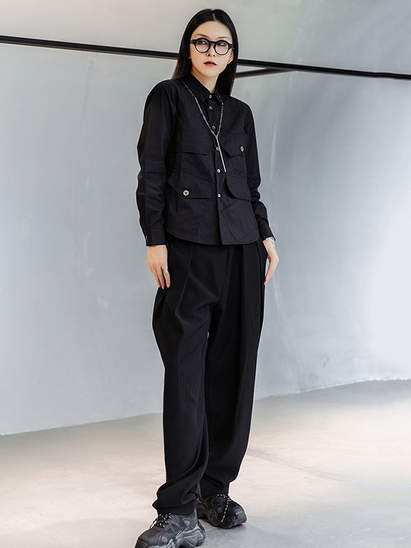 Simple Black Lapel Pockets Blouse