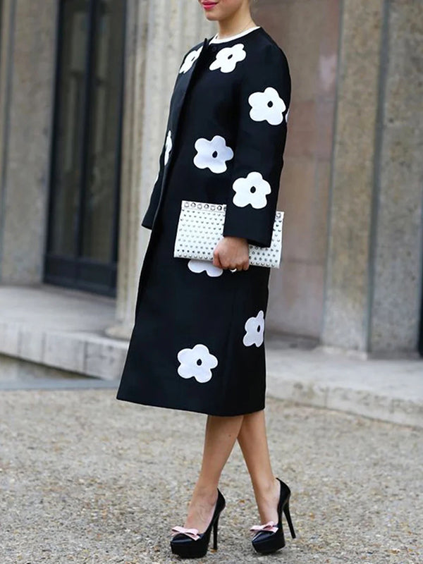 Contrast Color Flower Print Long Sleeves Loose Round-Neck Woolen Coat Outerwear
