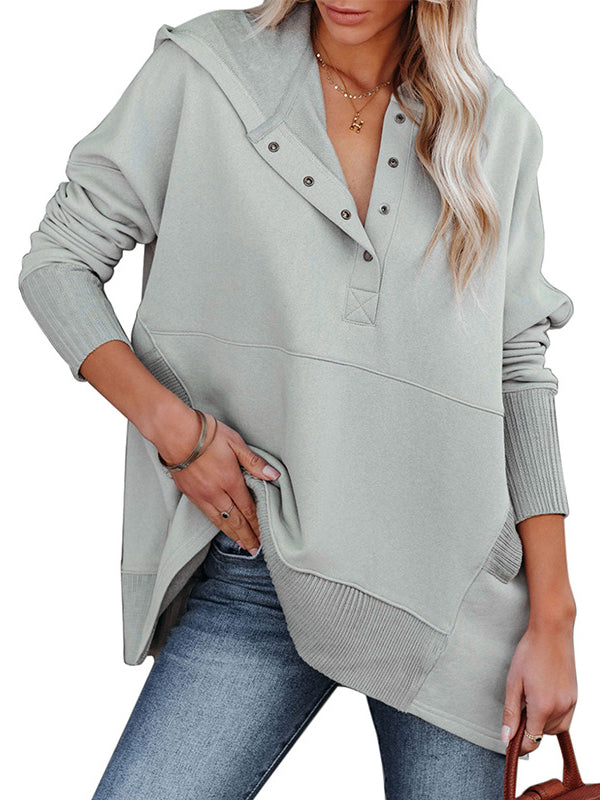 Buttoned Hooded Split-Joint Batwing Sleeves Long Sleeves V-Neck Hoodies Tops