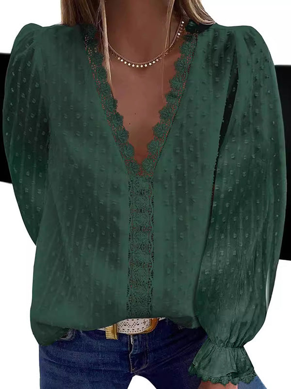 Elasticity Embroidered Solid Color Split-Joint Flared Sleeves Long Sleeves V-neck T-Shirts Tops