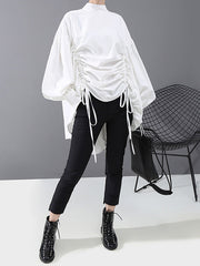 Drawstring Cropped Loose Stand Collar Shirt