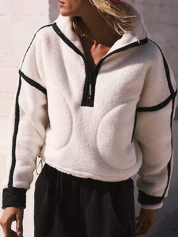 Split-Joint Velvet Zipper Long Sleeves Loose Stand Collar Sweatershirt
