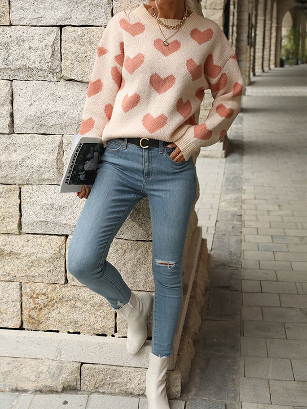 Heart Print Jacquard Split-Joint Long Sleeves Loose Round-Neck Sweater Tops Pullovers