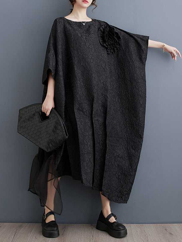 Asymmetric Flower Shape Gauze Jacquard Pleated Solid Color Split-Joint Batwing Sleeves Loose Round-Neck Midi Dresses