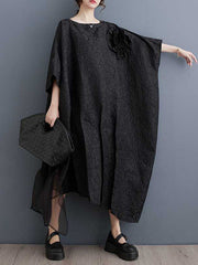 Asymmetric Flower Shape Gauze Jacquard Pleated Solid Color Split-Joint Batwing Sleeves Loose Round-Neck Midi Dresses