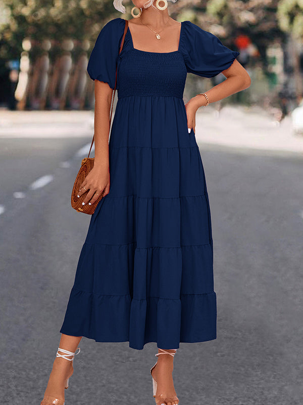 Elasticity Pleated Solid Color Split-Joint A-line Bishop Sleeve Square-neck Midi Dresses