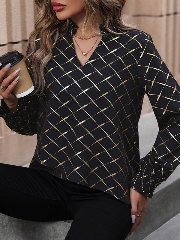 Bronzing Elasticity Split-Joint Long Sleeves Loose V-Neck Blouses&Shirts Tops