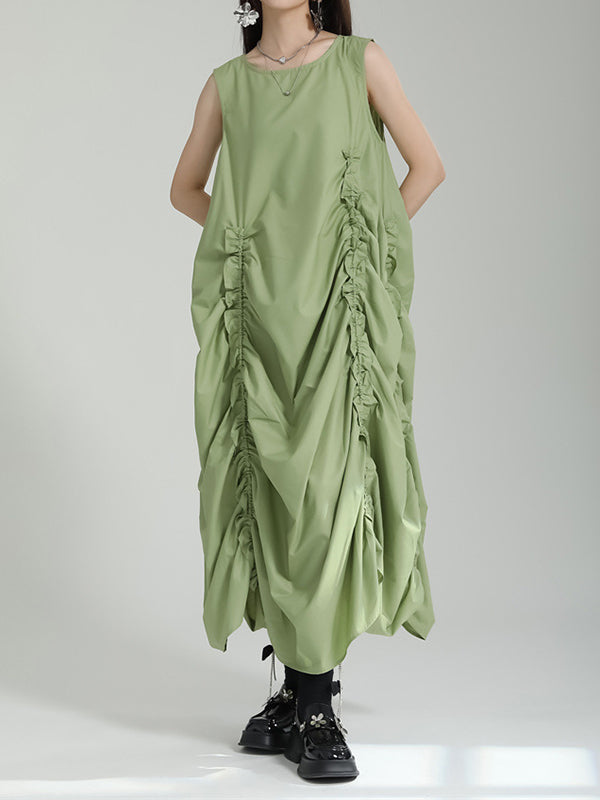 Solid Color Irregular clipping Loose Round-neck Midi Dresses