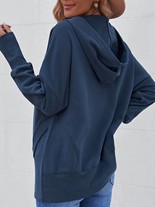 Buttoned Hooded Split-Joint Batwing Sleeves Long Sleeves V-Neck Hoodies Tops