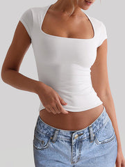 Solid Color Short Sleeves Skinny Square-Neck T-Shirts Tops