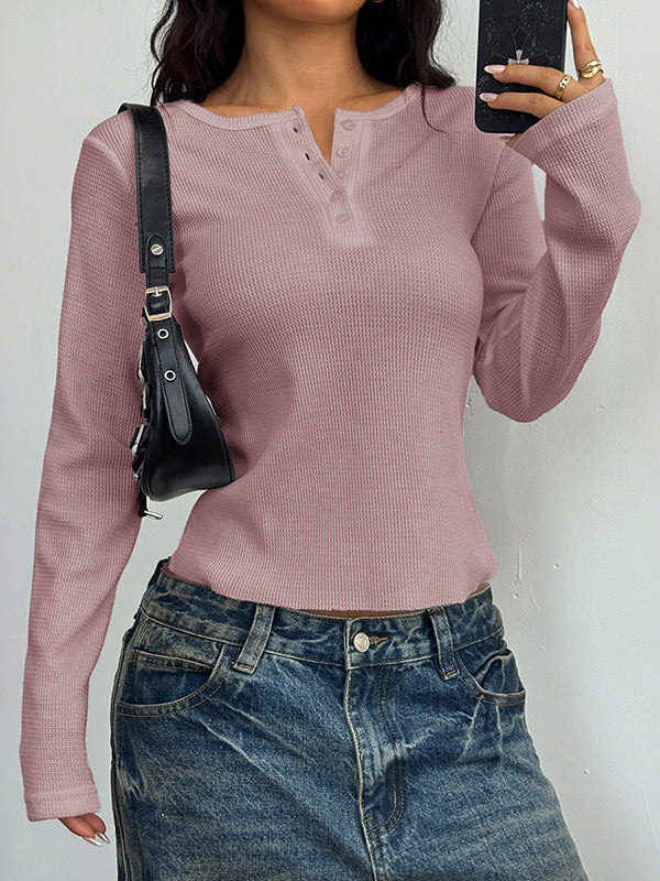 Buttoned Solid Color Long Sleeves Skinny Round-neck Blouses&shirts Tops