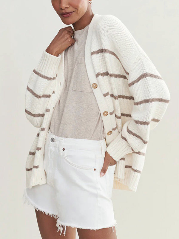 Split-Joint Striped Long Sleeves Loose V-neck Cardigan Tops