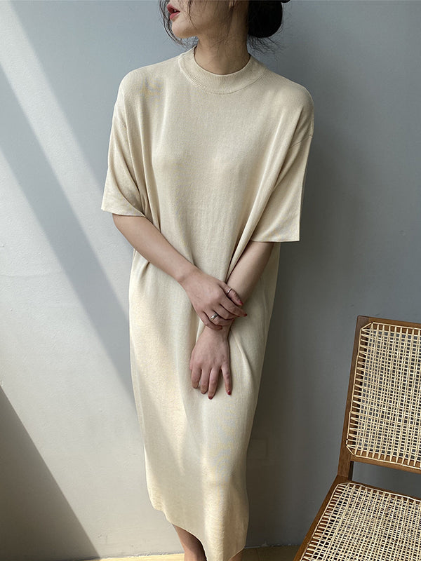 Solid Color Split-Joint Loose Short Sleeves Round-neck Sweater Dresses Midi Dresses