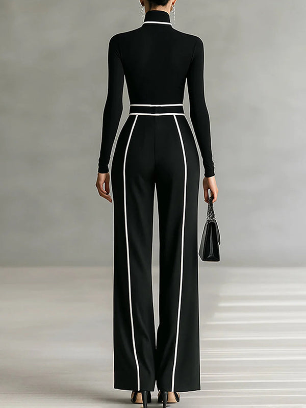 High Waisted Loose Belted Contrast Color Pockets Pants Trousers