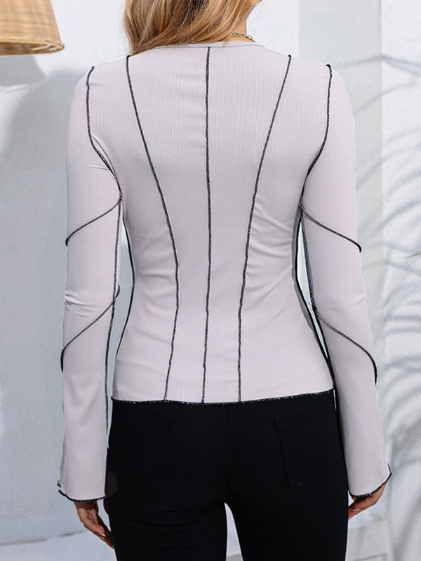 Split-Joint Flared Sleeves Long Sleeves Round-Neck T-Shirts Tops