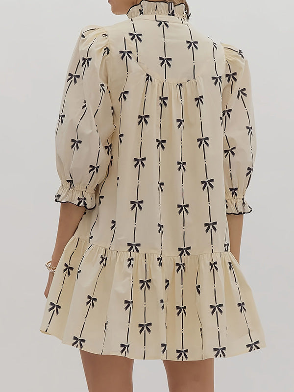 Bowknot Contrast Color Printed Split-Joint A-Line Loose Stand Collar Midi Dresses