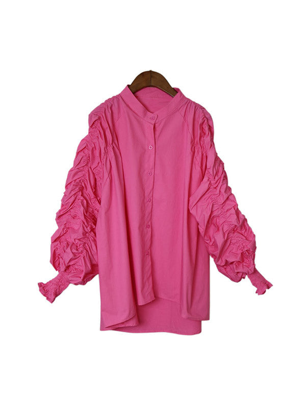 Elasticity Pleated Solid Color Split-Joint High-Low Long Sleeves Round-Neck Blouses