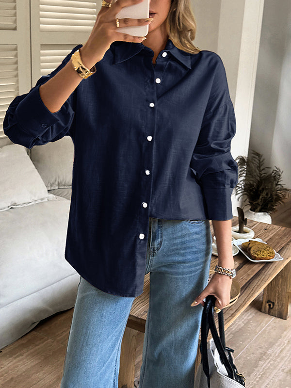 Buttoned Solid Color Long Sleeves Loose Lapel Blouses&shirts Tops