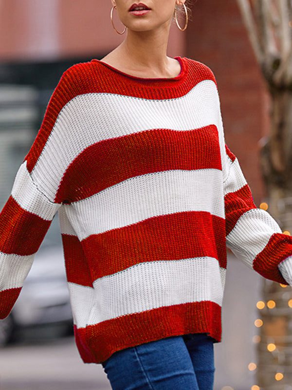 Contrast Color Striped Long Sleeves Loose Round-Neck Sweater Tops Pullovers