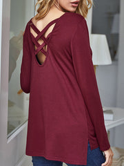 Hollow Split-Side Zipper High-Low Long Sleeves V-Neck T-Shirts Tops